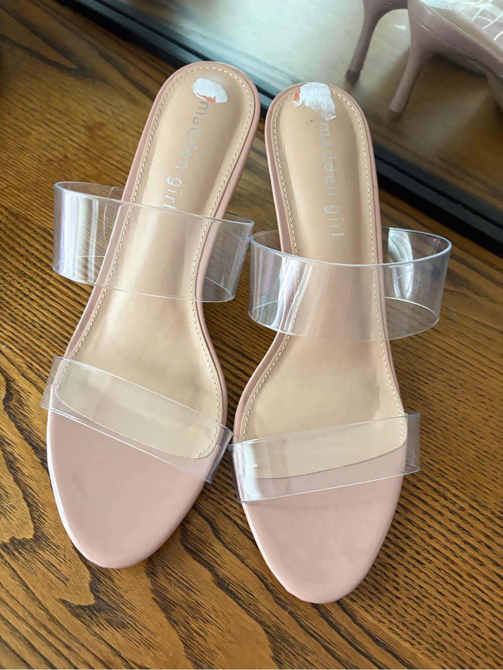 Madden Girl Blush Pink Clear Double-Strap Slide Heels